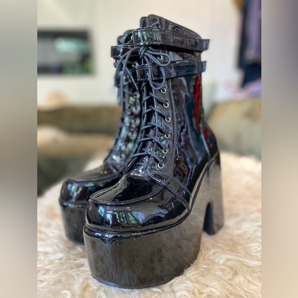 Glossy Black Platform Lace-Up Boots